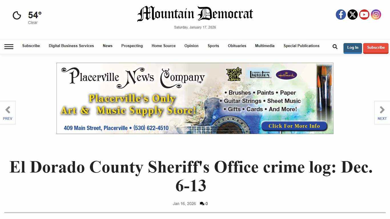 El Dorado County Sheriff's Office crime log: Dec. 6-13 | Essentials | mtdemocrat.com